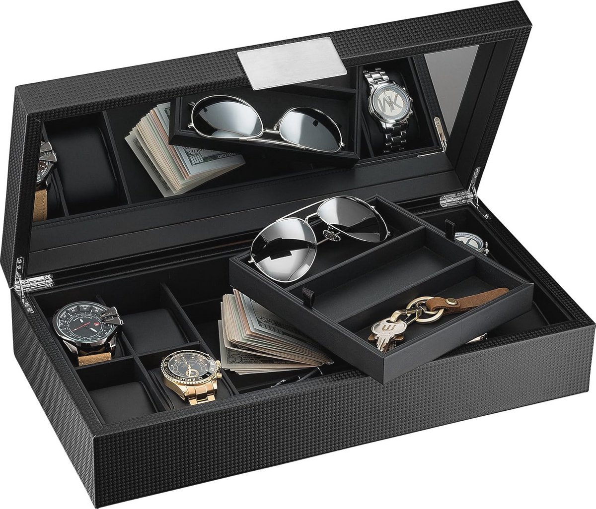 Horloge en zonnebril opbergdoos voor mannen met valet lade - Luxe organizer met carbon fiber design en grote spiegel