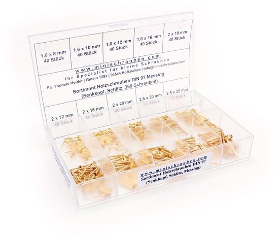 a) MINI-MICRO; 10 stuks, 20 mm lang, 2,5 mm dik, Messing houtschroeven