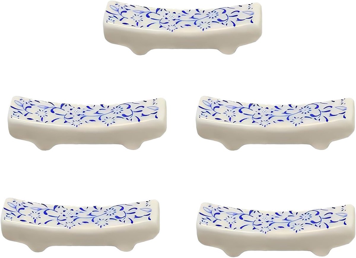 10-delige Keramische Eetstokken & Vorkhouder Set – Blauw-Wit