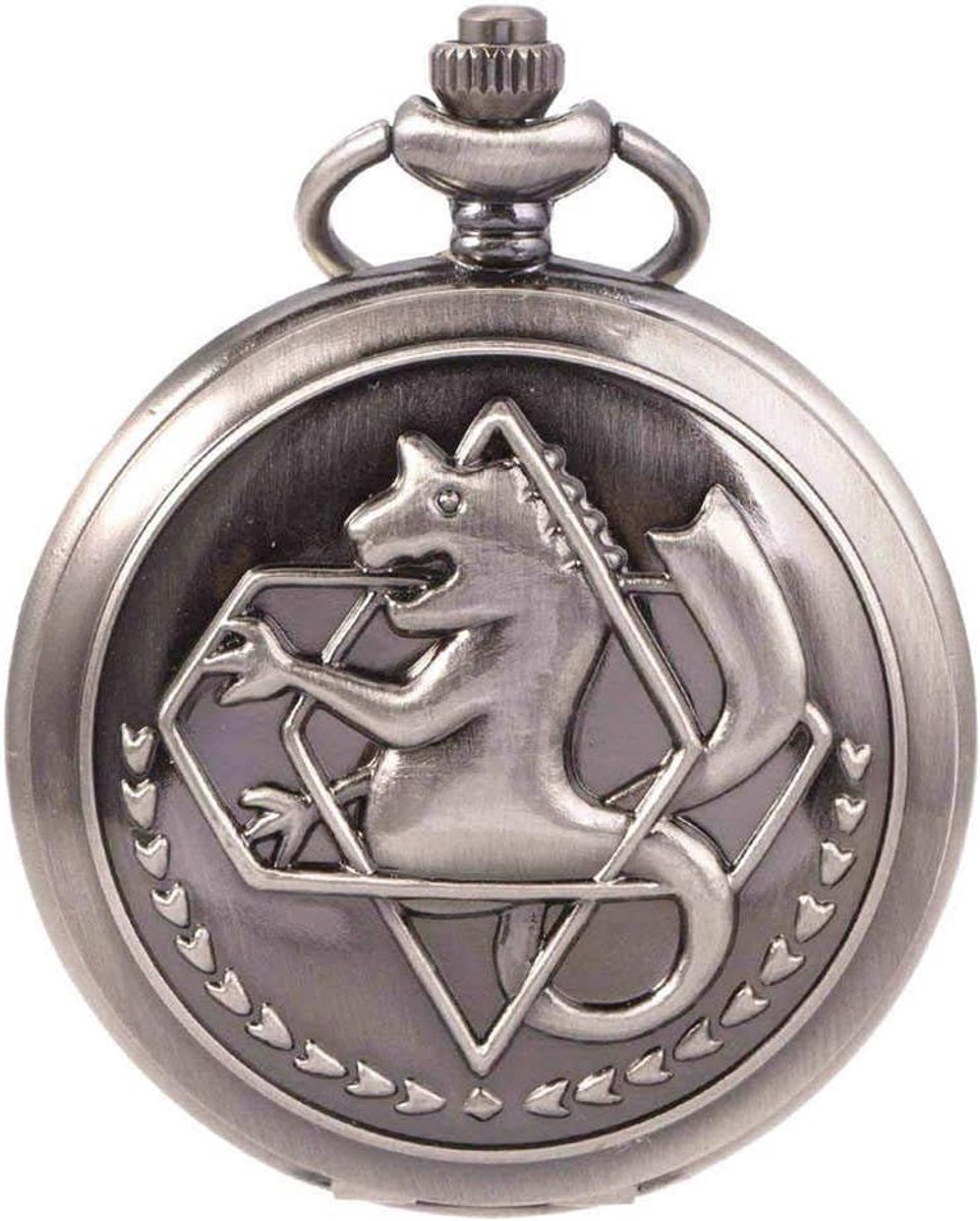 Stalen zakhorloge met ketting en alchemist-logo