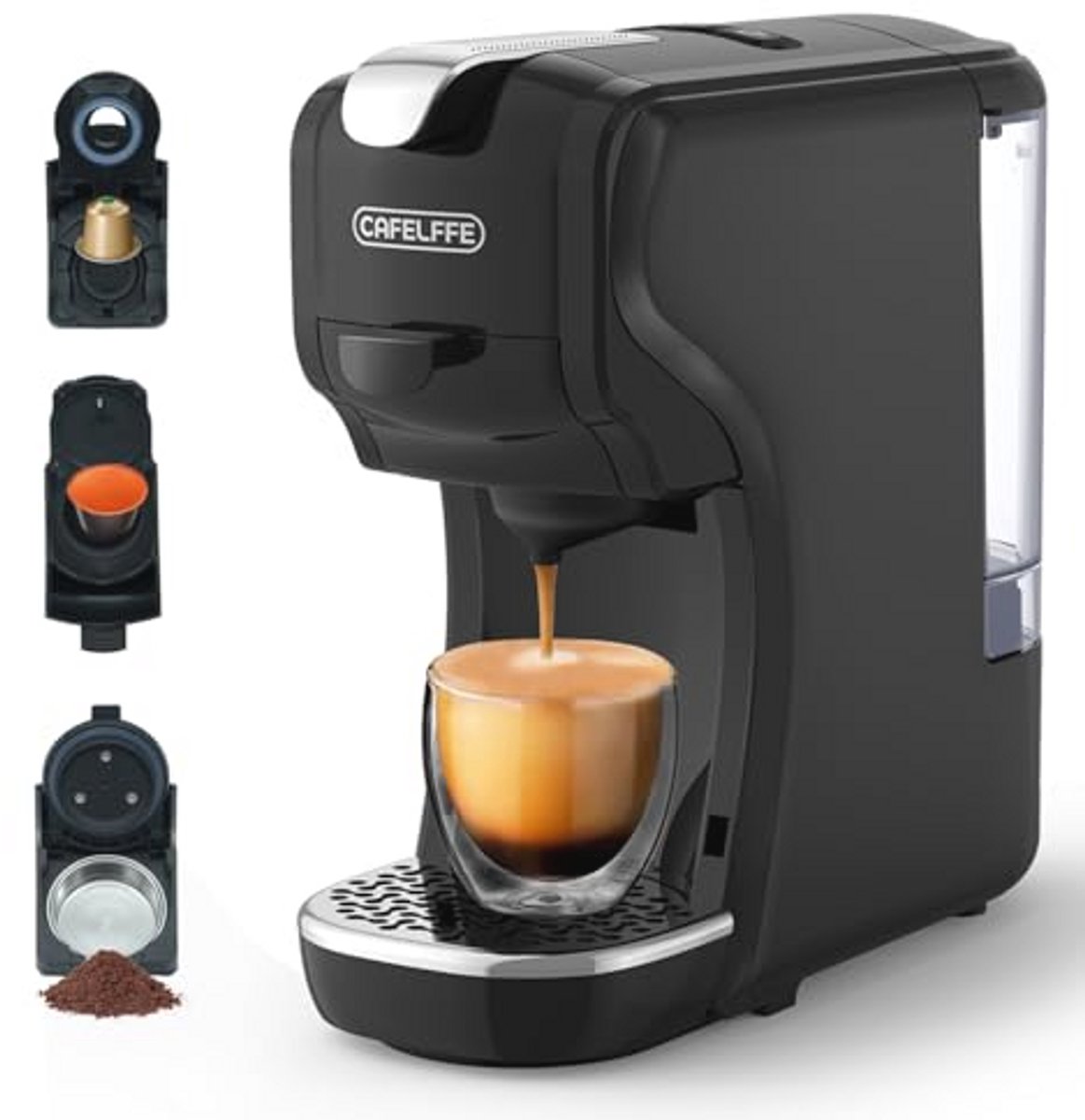 Koffiezetapparaat 3-in-1, 19 bar, Warm- en Koudzetmachine met 3 Bekerhouder-instellingen, 1450 W, 600 ml, Zwart