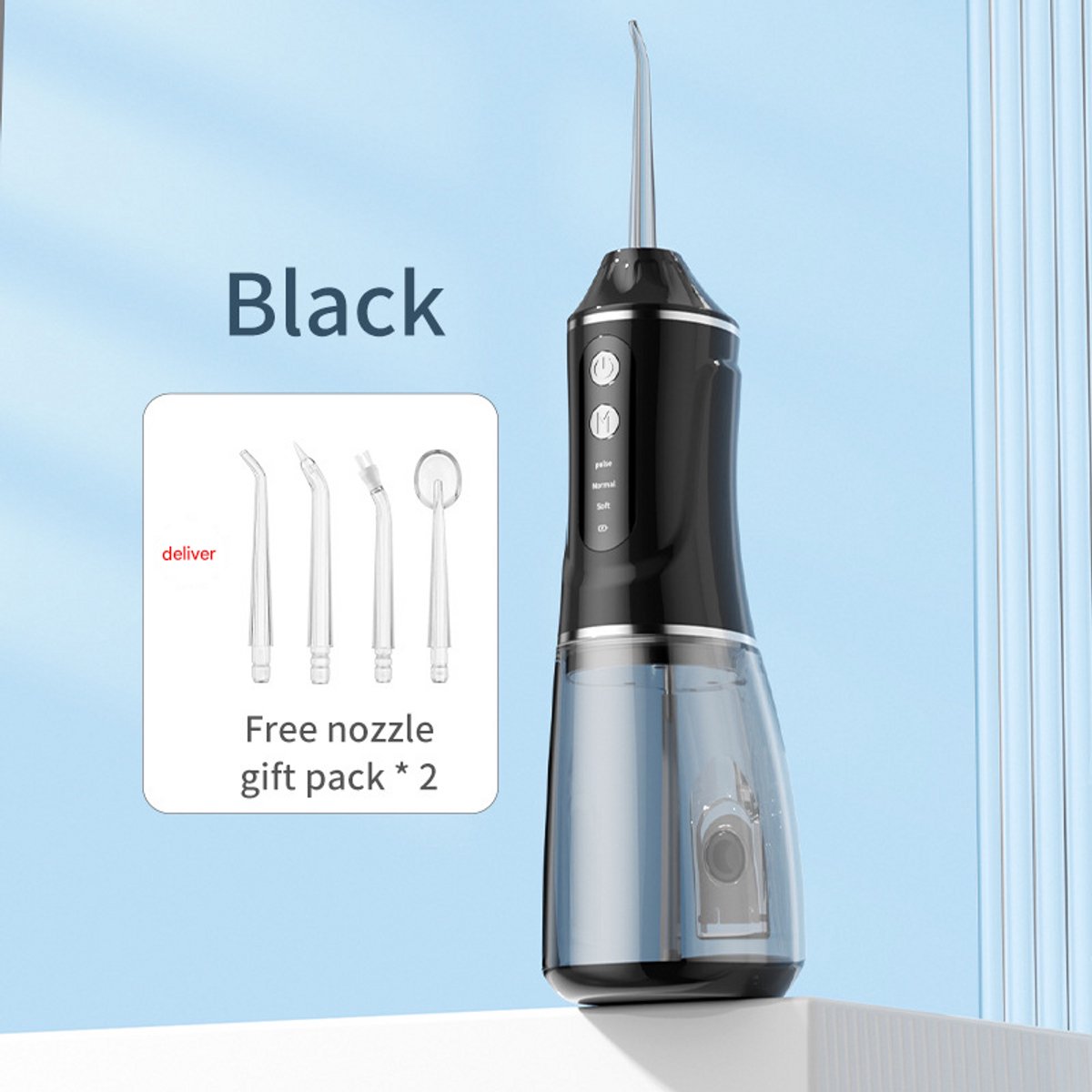 Draagbare elektrische monddouche, handflosser - zwart