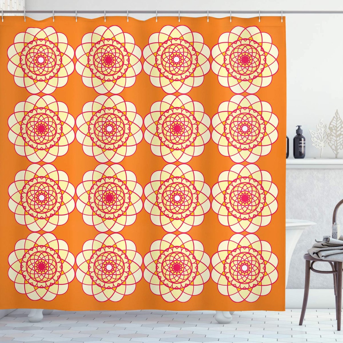 ABAKUHAUS Douchegordijn – Geometrisch Retro – 175x180 cm – Oranje/Ivoor/Roze