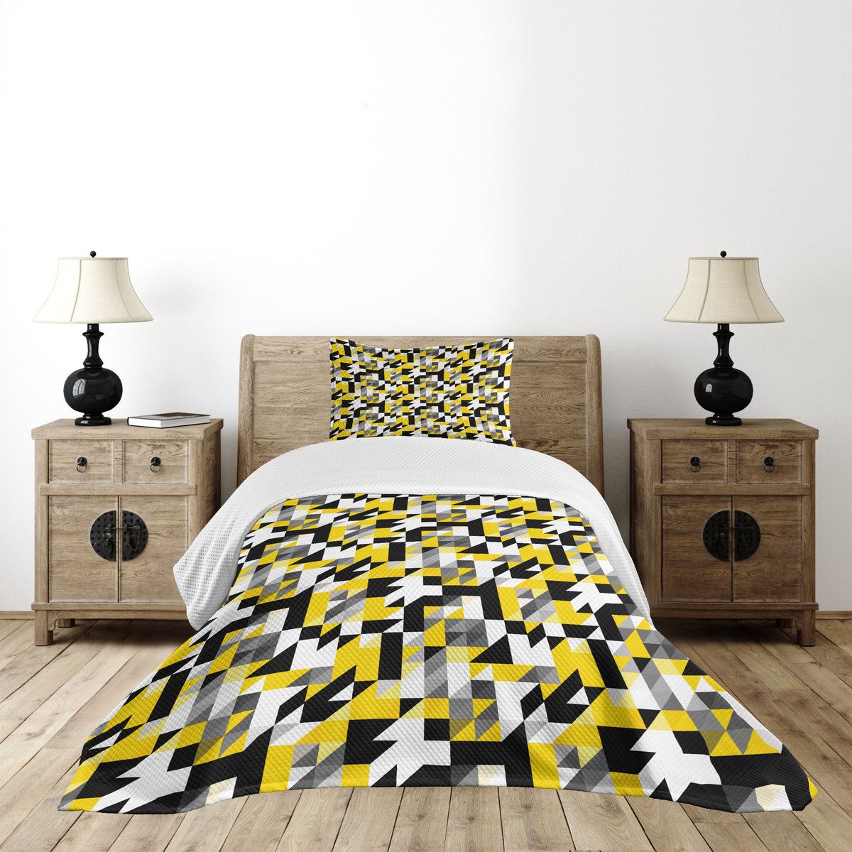 ABAKUHAUS Sprei-Set – Geel, Grijs, Zwart, gequilt 170x220 cm + 1 kussensloop 75x50 cm