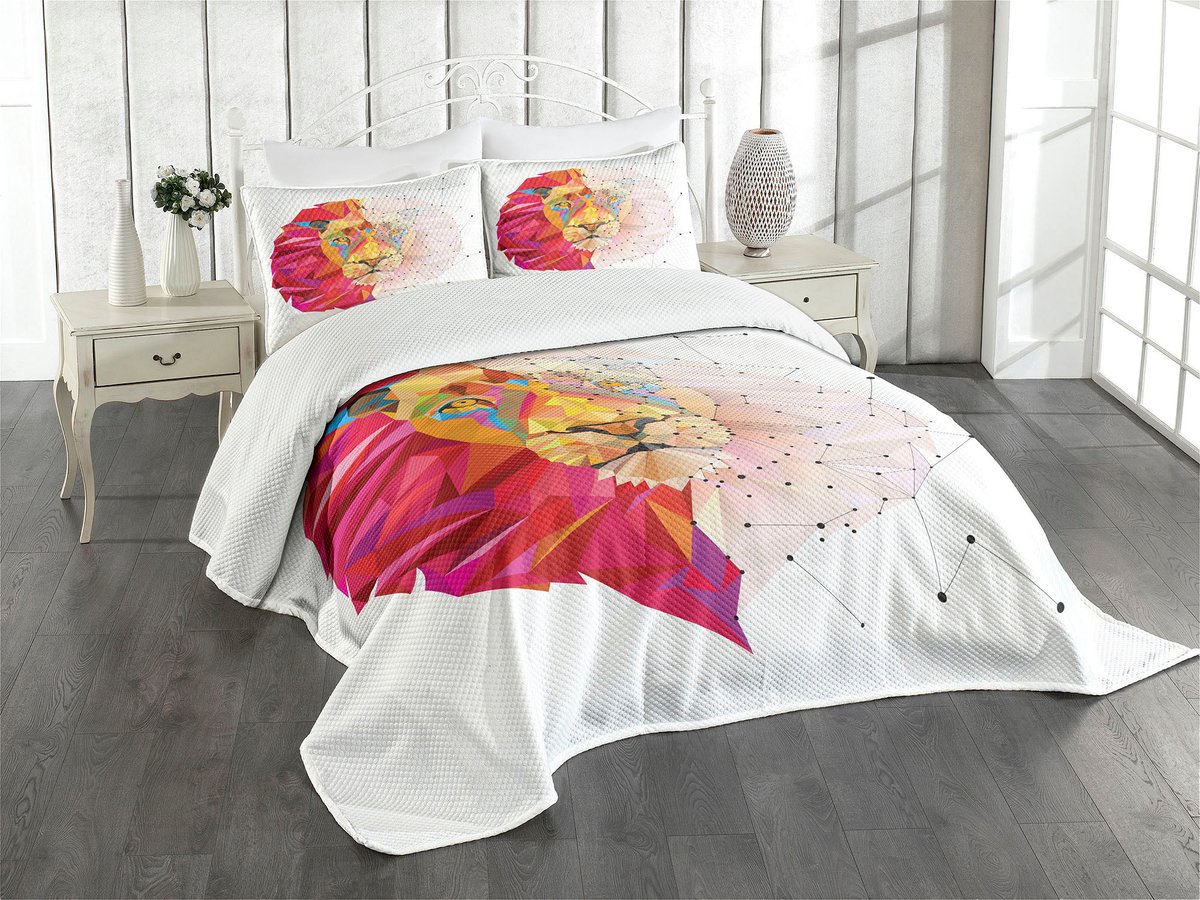 ABAKUHAUS Geometrische dagdekbed – leeuwenkop – 3-delig, 264x220 cm – wit/roze/oranje