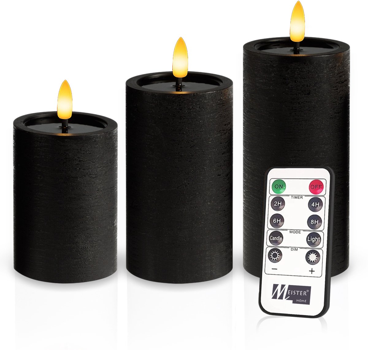 Meisterhome – 3 x Led Stompkaars - Zwart – Stompkaars Echte wax - Led kaarsen - 10 / 12.5 / 15 cm Hoog - Met afstandsbediening – Timer 2/4/6/8 uur – Dimbaar