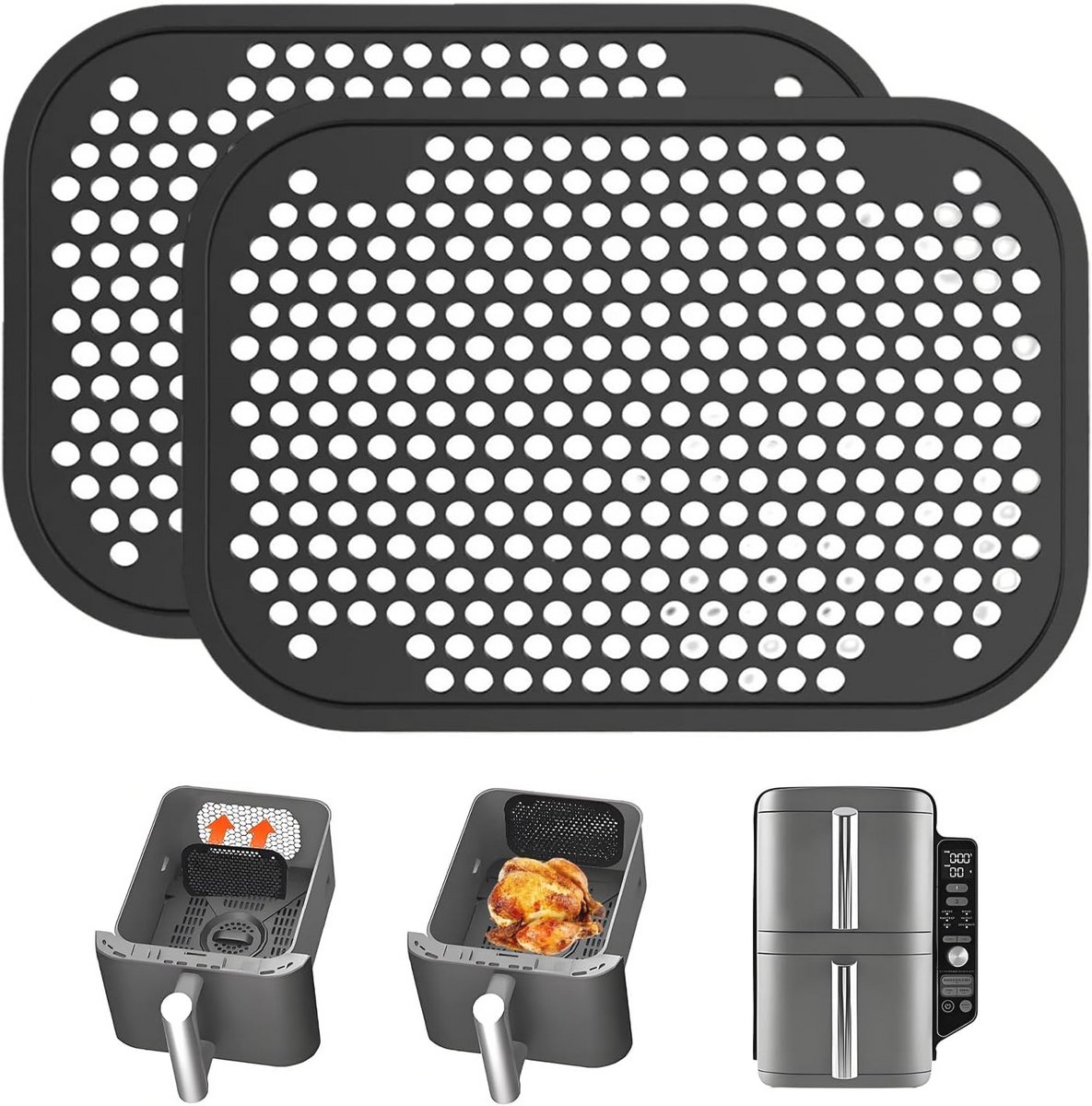 Herbruikbare spatbescherming roosters voor airfryer - 2 stuks, 13 x 9,2 cm, zwart