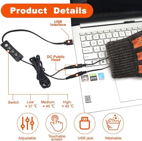 Productdetails: verstelbare, touchscreen, USB, wasbare verwarmde handschoenen met temperatuurinstellingen.