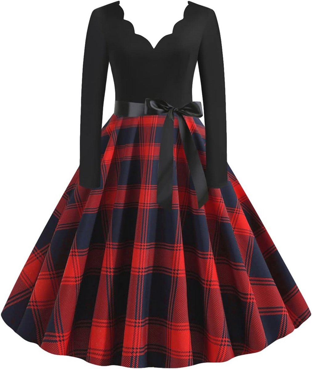Vintage Kleurblok Swing Dress V-hals voor Dames