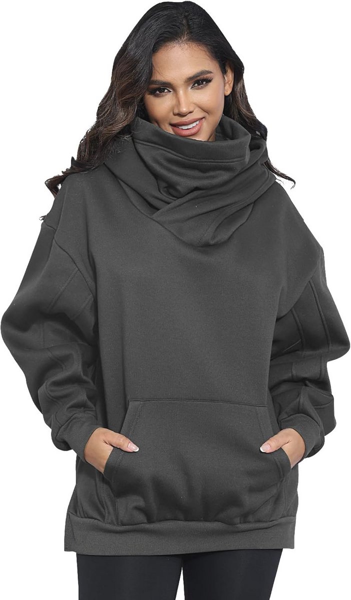Dames Fleece Hoodie met Sjaal - Oversize Katoenen Pullover Sweatshirt