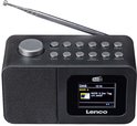 Zwarte Lenco wekkerradio met dab+ scherm, antenne en bedieningsknoppen.