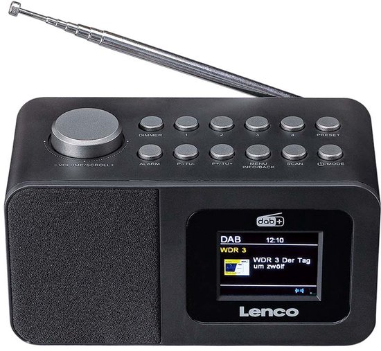 Zwarte Lenco wekkerradio met dab+ scherm, antenne en bedieningsknoppen.