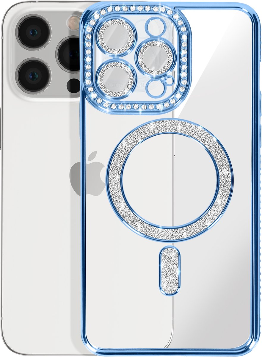 Avizar Diamond hoesje Geschikt voor Apple iPhone 13 Pro MagSafe Omtrek Strass, Blauw