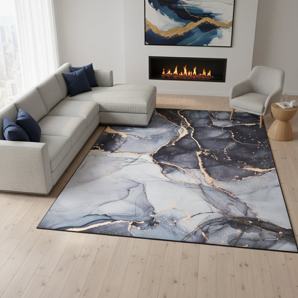 Tapiso Nora Vloerkleed Woonkamer Abstract Marmer Design Zwart-Grijs Kortpolig Antislip Vle