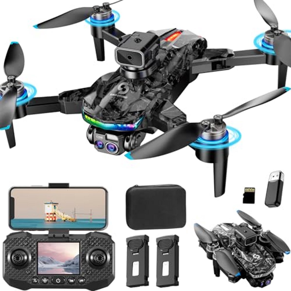 Dron met Camera en RC Grip-besturingssysteem - 1080P Opvouwbare Quadcopter met RGB-verlichting voor Volwassenen en Kinderen