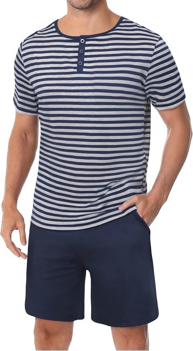 Korte pyjamaset voor heren van katoen - Gestreepte loungewear met T-shirt en korte broek