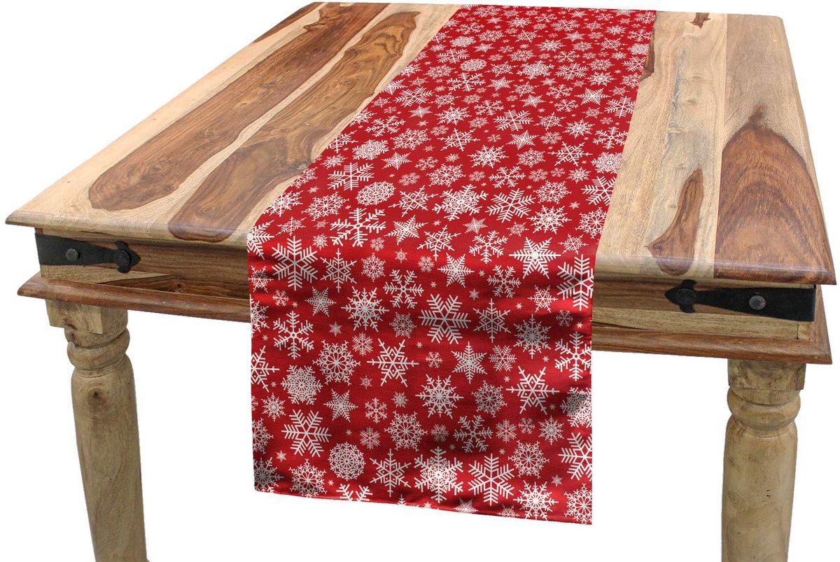 Tafelrok winter – 40x180 cm – wit/rood met sneeuwvlokken