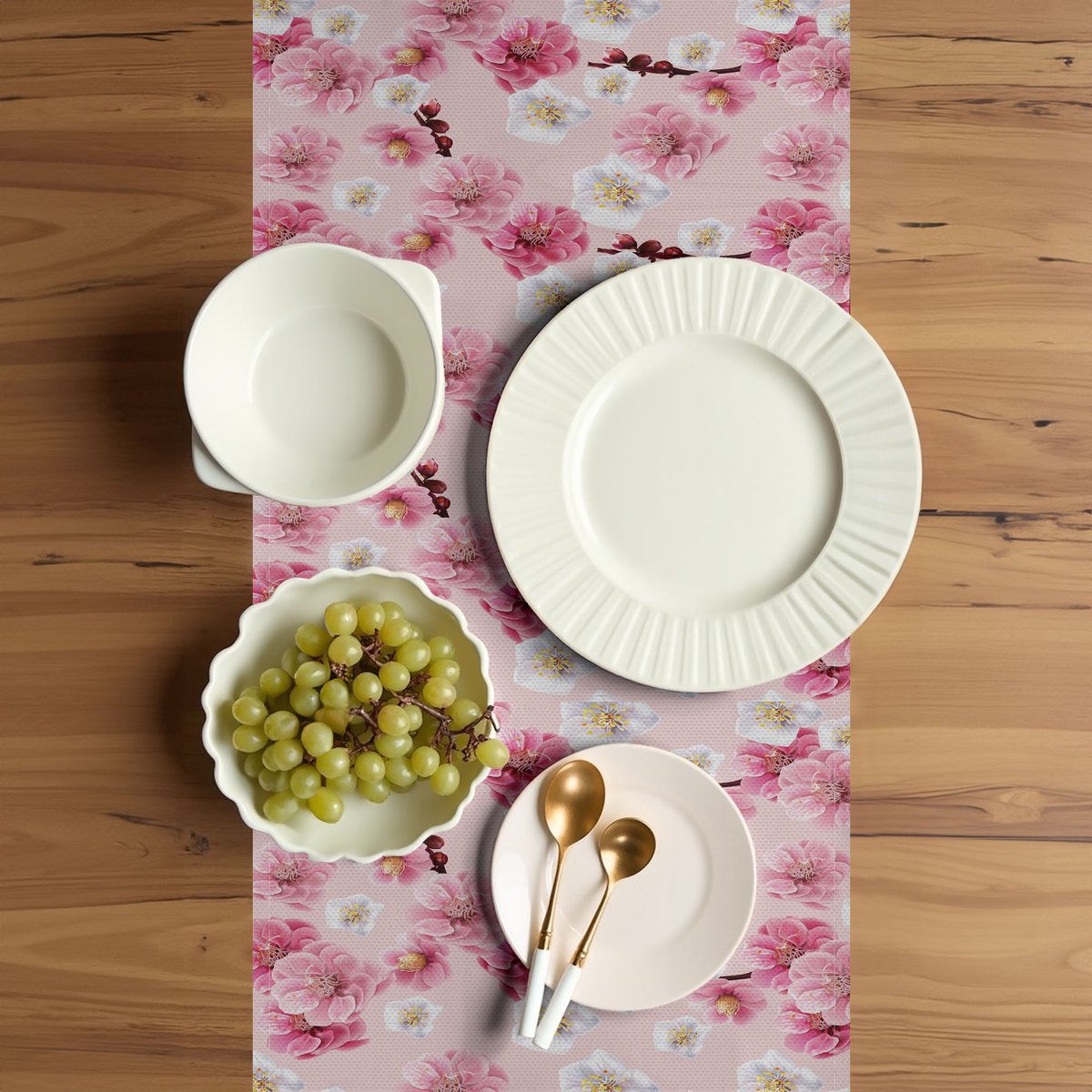 ABAKUHAUS Tafelloper – Chinees bloemmotief – 40x180 cm – Babyroze