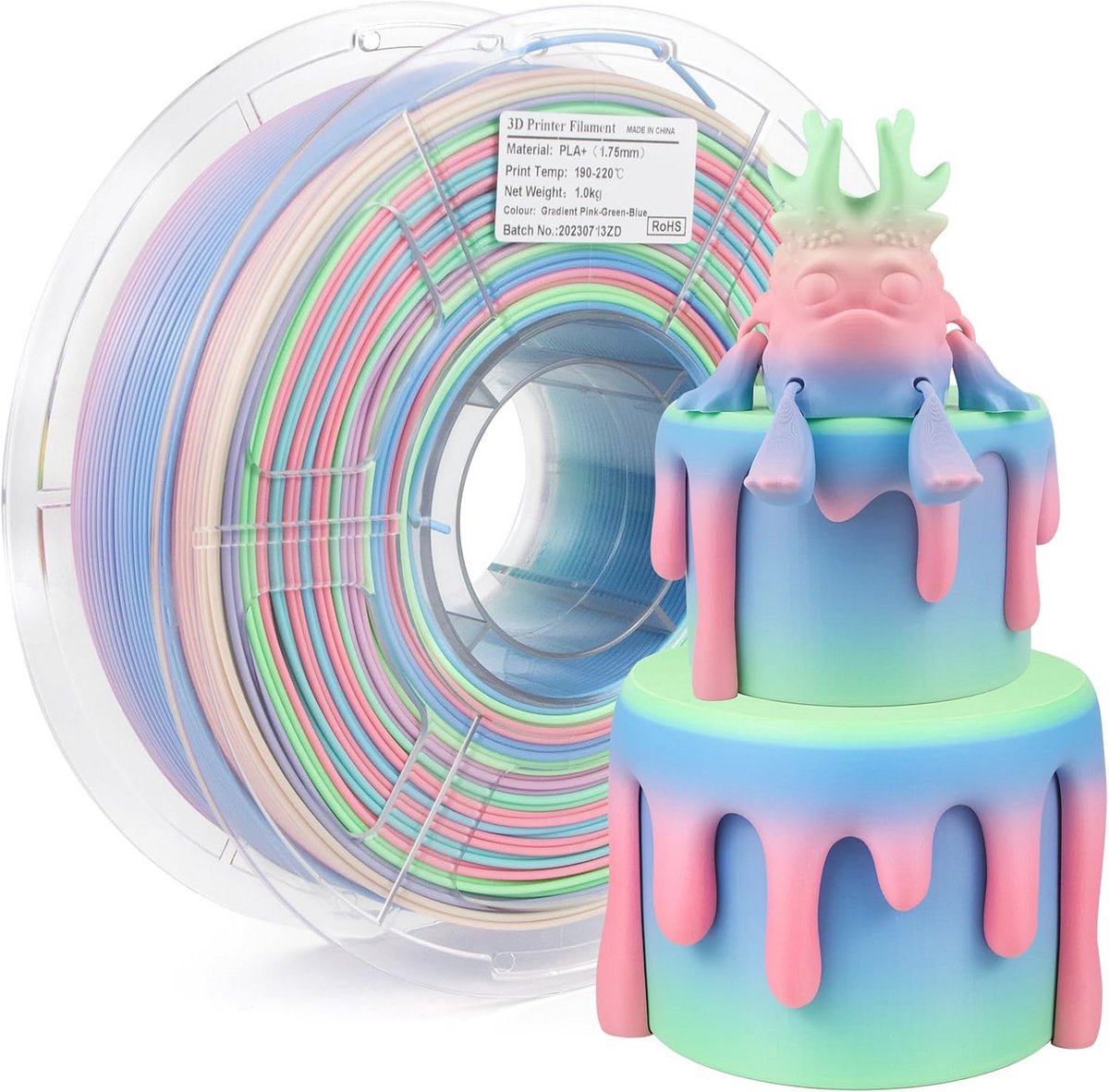 Kleurrijk 3D-printerfilament PLA+ - 1,75 mm Rainbow Macaron - Nauwkeurigheid +/- 0,03 mm - 1 kg Spoel