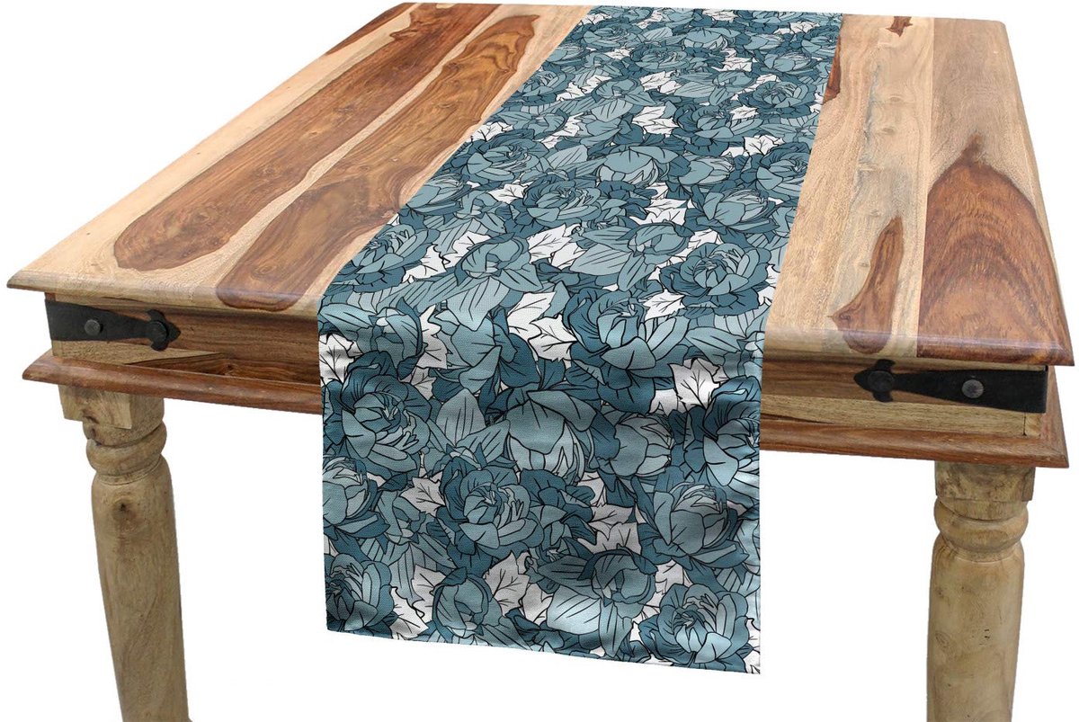 ABAKUHAUS bloemen-tafelloper – 40 x 180 cm – blauwgrijs/wit – polyester