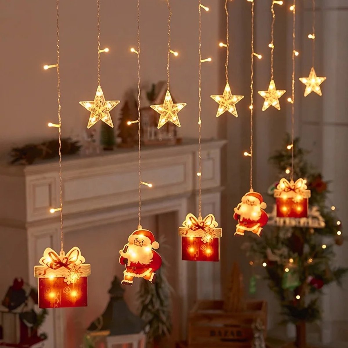 Christmas 3m LED Kerstverlichting met met Kerstman en vriendjes - Feestelijke Decoratie voor de Feestdagen - Voor binnen - Kerst - Kerststerren - feest licht gordijn - Warm wit licht