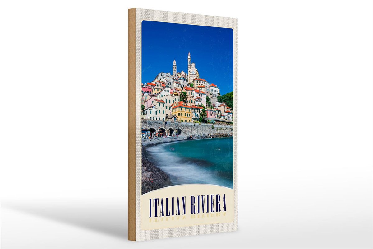 Femer Holzschild Reise 20x30cm Italien Riviera Stadt Strand Wellen