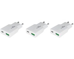 3 stuks OneOne 36W snellader met 2 poorten. USB C en USB A. Platte GAN Quick Charge lader. PD PPS oplader adapter past op Huawei Enjoy 10s, 20, 50z (Ultra, Plus, Pro, SE), MatePad 11, 11.5, 11.5s, 12x, Pro 10.8, Pro 12.2, Pro 12.6, Pro 13.2, Air, C5e
