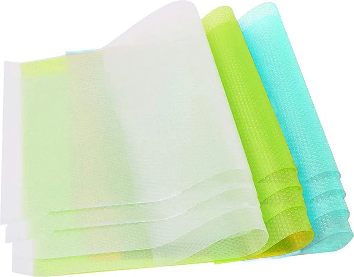 Set van 12 koelkastmatten: antibacterieel, antislip, vochtabsorberend en geurabsorberend, wasbaar en op maat te knippen.