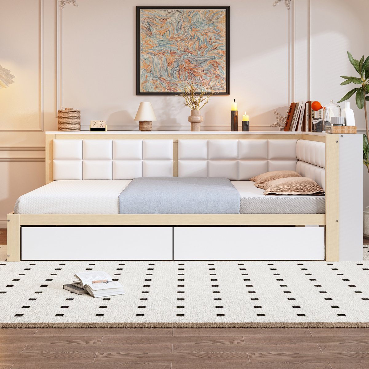 MODFU Bedframe 140x200 cm van massief hout, multifunctioneel klapbed met zachte rugleuning en veel opbergruimte