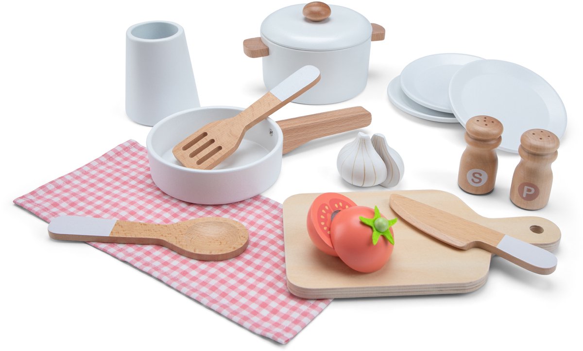 Woet® Houten Speelgoed Kinderkeuken Roze - Speelkeukentje met Pannen, Servies, Groente en Snijplank - Houten Speelkeuken - Werkbladhoogte 55 cm - Rollenspel - Vanaf 3 Jaar — afbeelding 7
