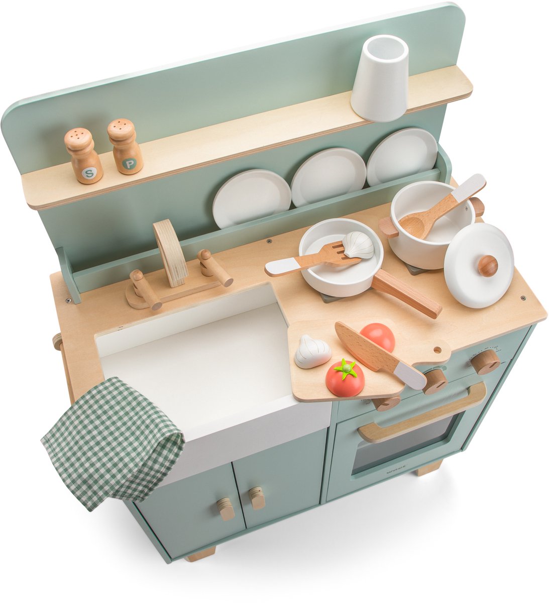 Woet® Houten Speelgoed Kinderkeuken Mint Groen - Speelkeukentje met Pannen, Servies, Groente en Snijplank - Houten Speelkeuken - Werkbladhoogte 55 cm - Rollenspel - Vanaf 3 Jaar — afbeelding 3
