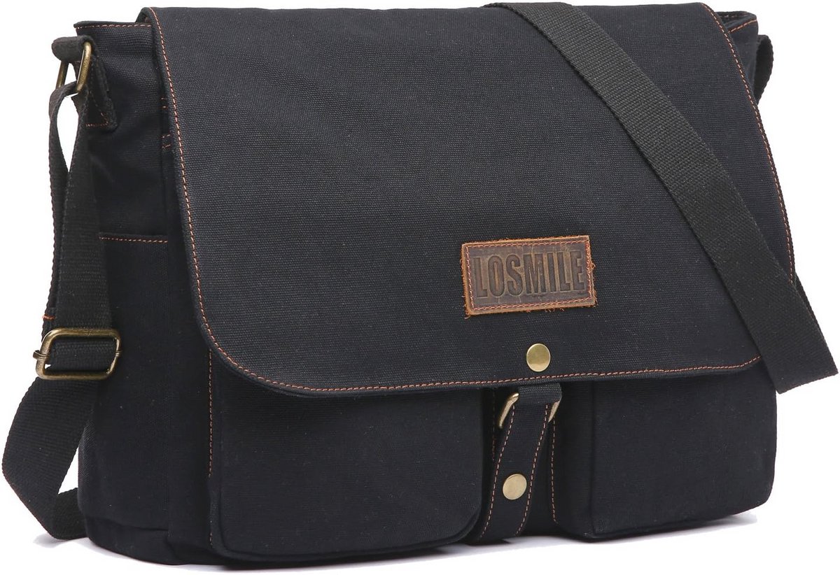 Vintage 15,6 inch laptopschoudertas voor heren - Grote canvas tas voor school en werk