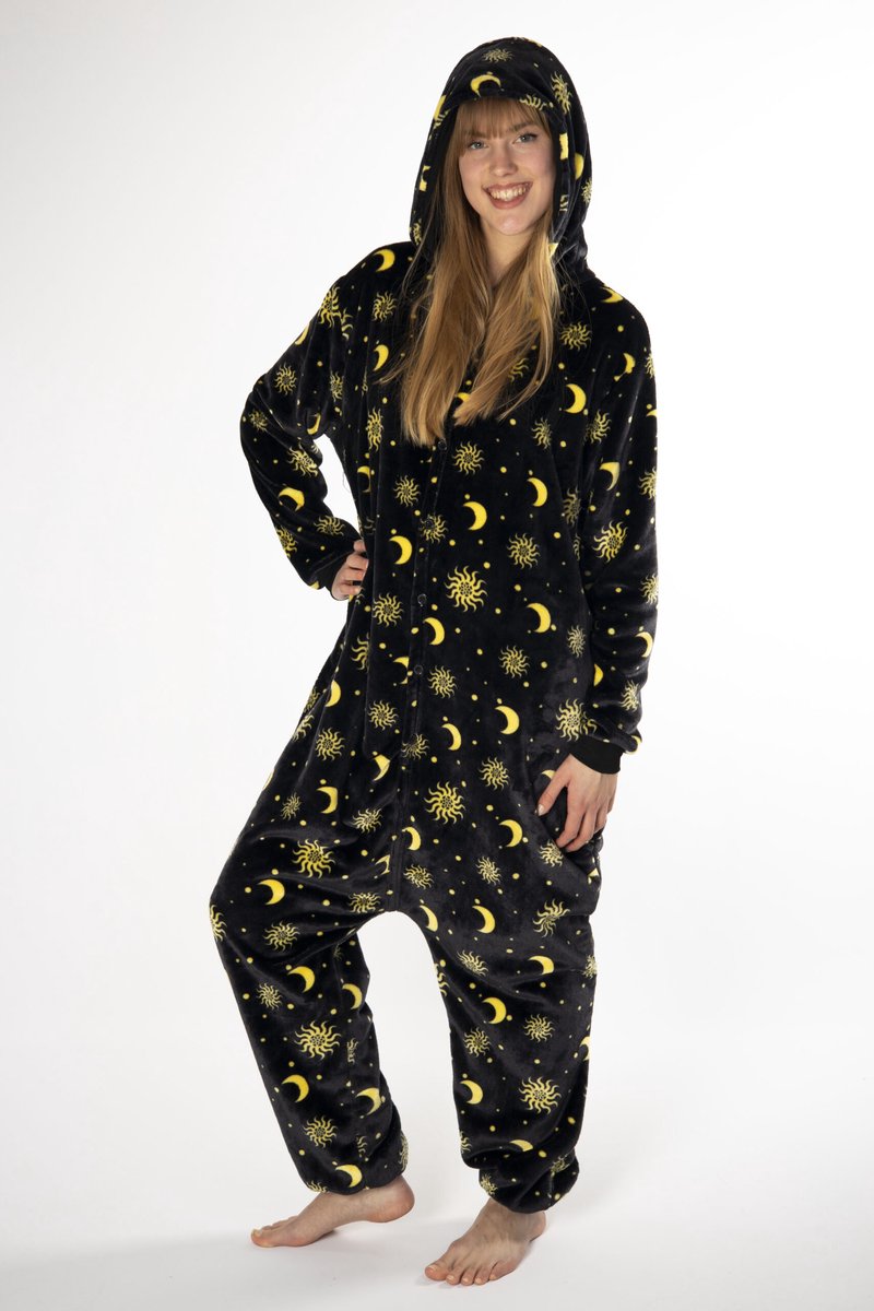 KIMU® Onesie Maan Zon Sterren Pak - Maat 86-92 - Sterrenpak Kostuum Zwart - Huispak Fleece Maantjes Pyjama Zonnetjes Sterretjes Kinderen Festival
