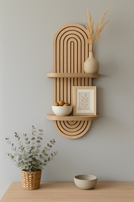 WoodWorks Houten Wanddecoratie – Wandplank 2-Laags Boogdesign – 54,5 × 15 cm – Moderne Wandrek / Wandplank Hout voor Woonkamer, Hal & Slaapkamer