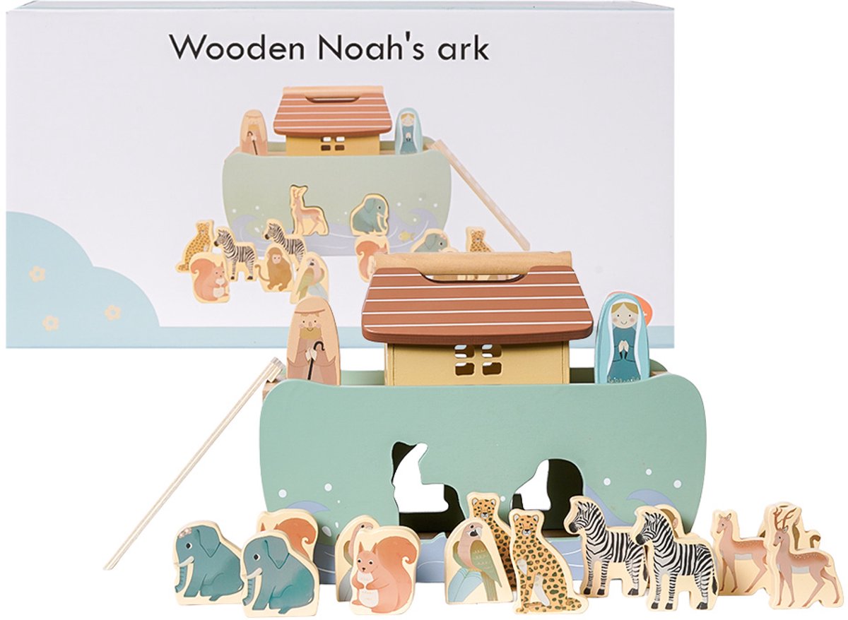 Speelgoedtopdeals - Houten Noach’s Ark - Dieren- 18-delig - Pastelkleur - Montessori Educatief Speelgoed