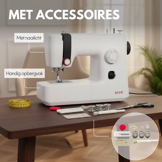 RYER - Naaimachine - 18 Steken - LED Verlichting - Voetpedaal - Stil & Compact