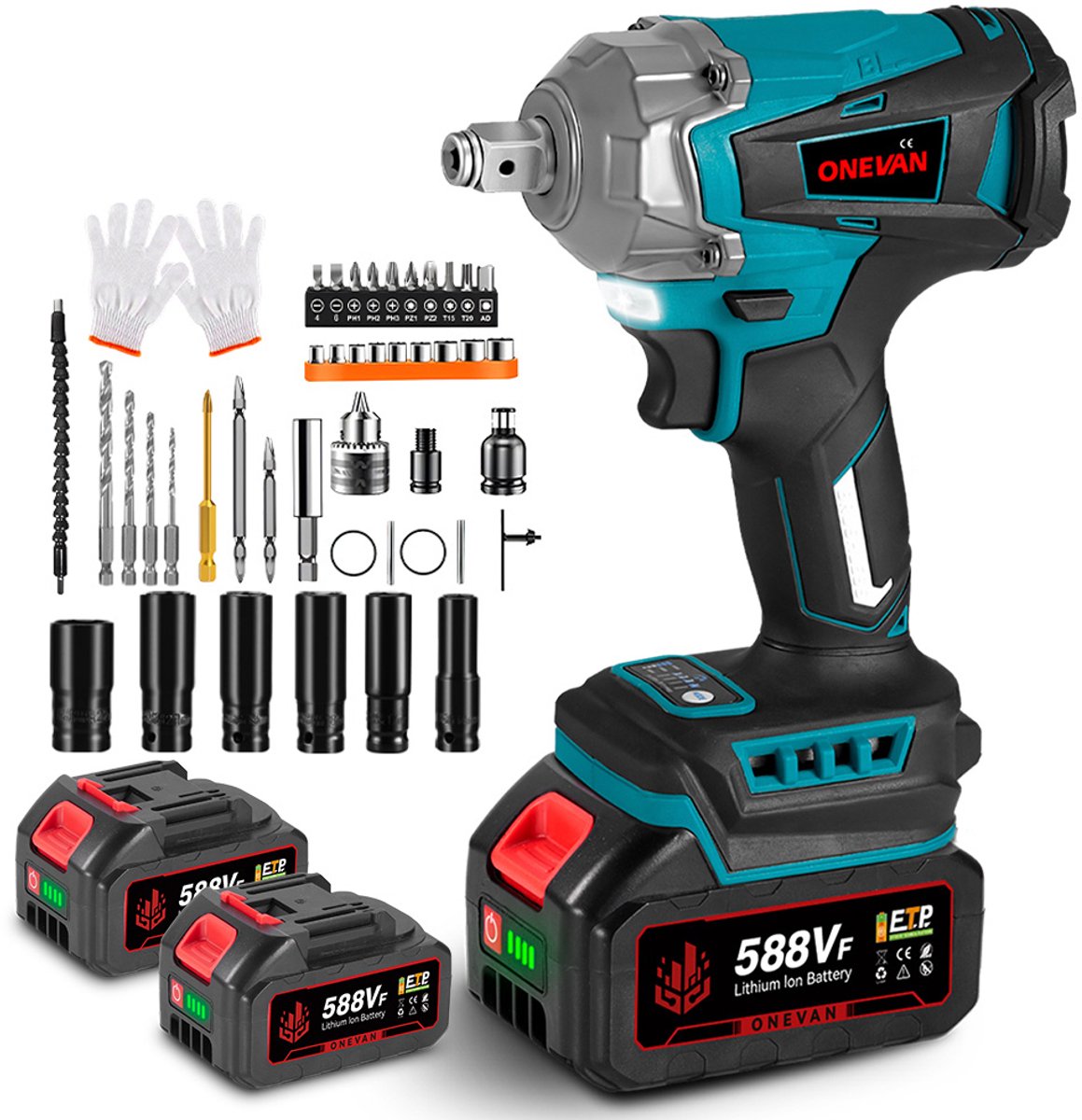 ONEVAN Accu Slagmoersleutel - 1/2" Borstelloze - 1200Nm Elektrische Schroefmachine - Slagschroevendraaier - met 2x accu's en 44x Accessoires - voor gezinsauto/pick-up/maaier