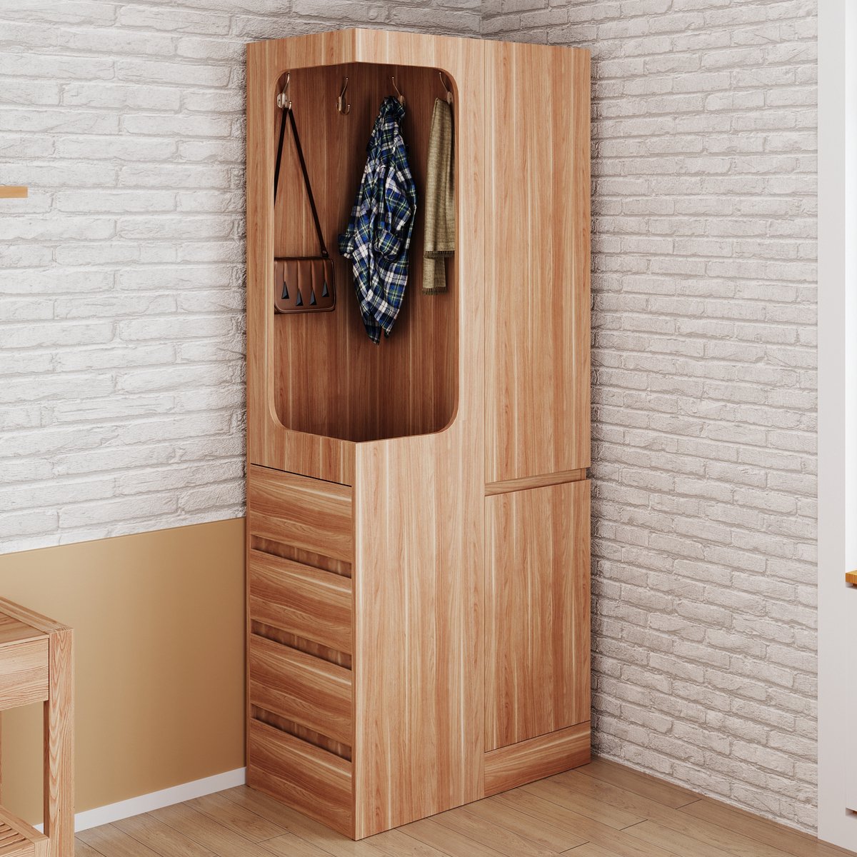 Kledingkast 70 x 40 x 170 cm - enkele deur - met lade en opbergvak - open kledinghangkast - houtkleur