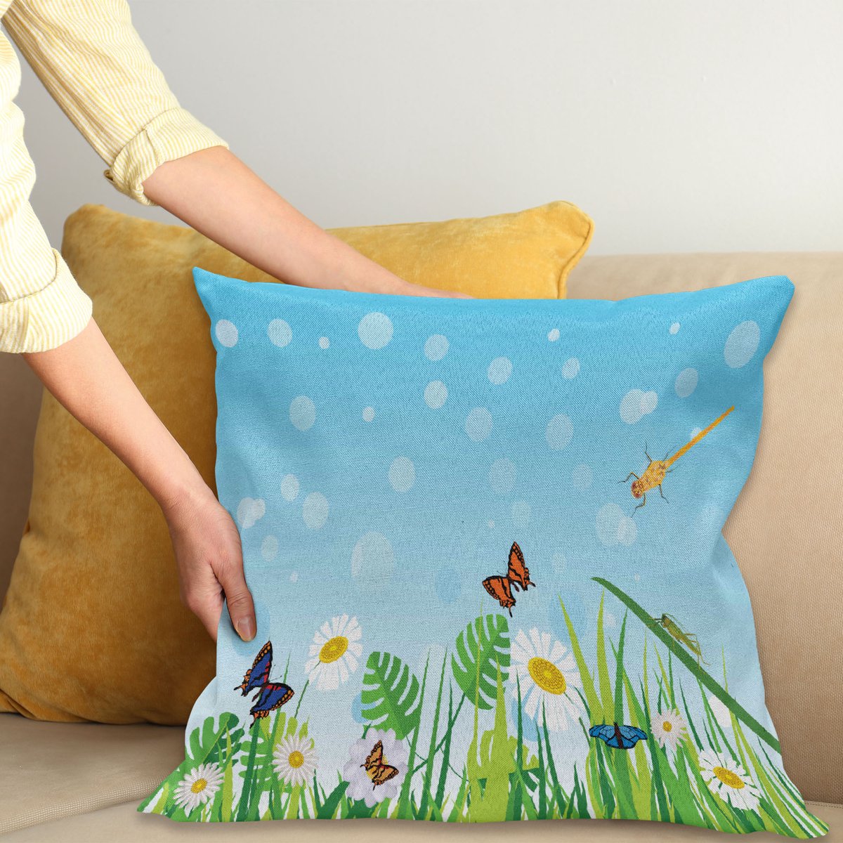 ABAKUHAUS Kussenhoes Bloemen-Insecten – Dubbelzijdig bedrukt – 40x40 cm – Diep Blauw Diep hemelsblauw veelkleurig