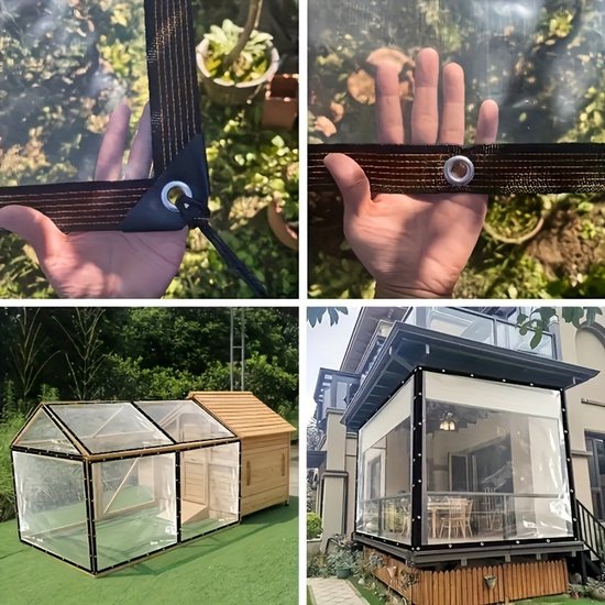 Collage: Hand die transparant zeildoek vasthoudt, mini-serre, houten hok met zeildoekdak, en overdekt terras.