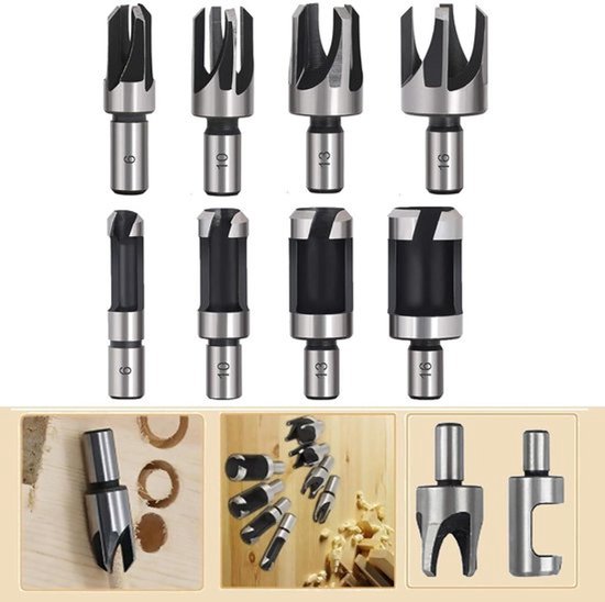 Set van 8 houtsnijders met maten 6mm, 10mm, 13mm, 16mm. Toont toepassingen in hout en dichtbij opnamen van de gereedschappen.