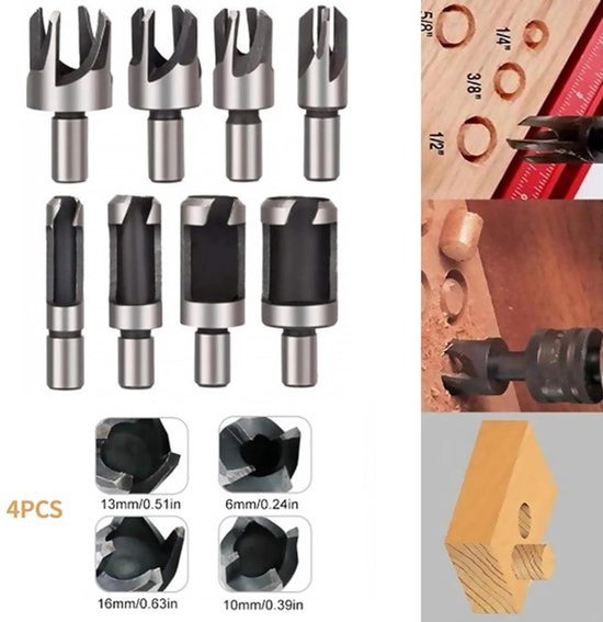 Set van 8 houtsnijders met maten 6mm, 10mm, 13mm, 16mm. Toont houtbewerking met de snijders en een geometrisch houten blok.
