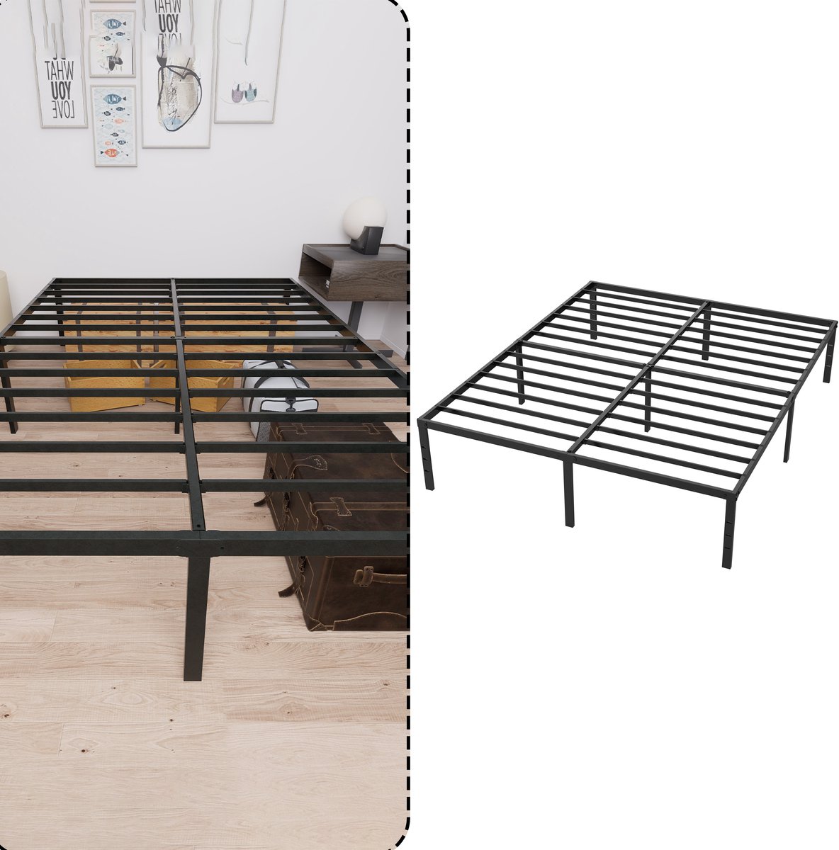 Aufun Metalen Bedframe 160x200 CM Zonder Hoofdbord - Stalen Bedgestel - Tweepersoonsbed - Geschikt Voor Slaapkamer En Logeerkamer - Zwart