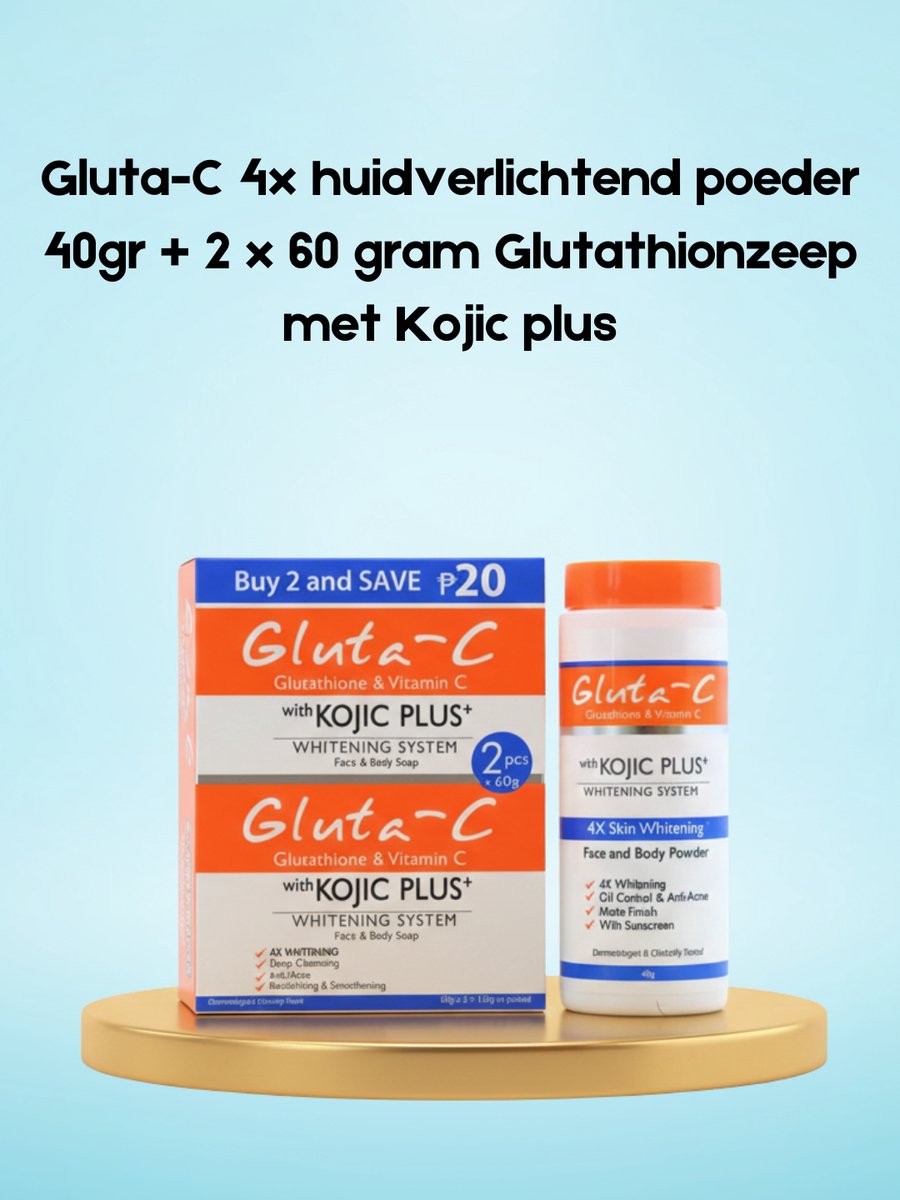 Gluta-C 4×40 g Skin Lightening Powder + 2×60 g Glutathion Zeep met Kojic Plus – Verhelderende & Hydraterende Set – Verminderde Donkere Vlekken, Egaliseert de Huidtint & Hydrateert Intensief – Voor een Gladde, Stralende & Gezonde Huid