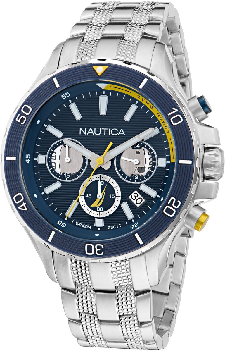 Nautica Nst Quartz Analoog Horloge Zilverkleurig En Blauw Material 100% Roestvrij Staal 100% Acero Inoxidablearmband 48 mm NAPNSF504, NAPNSF505