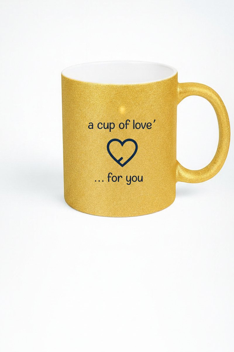 Gouden Glitter Mok 'a cup of love' met Hart - Romantisch Cadeau