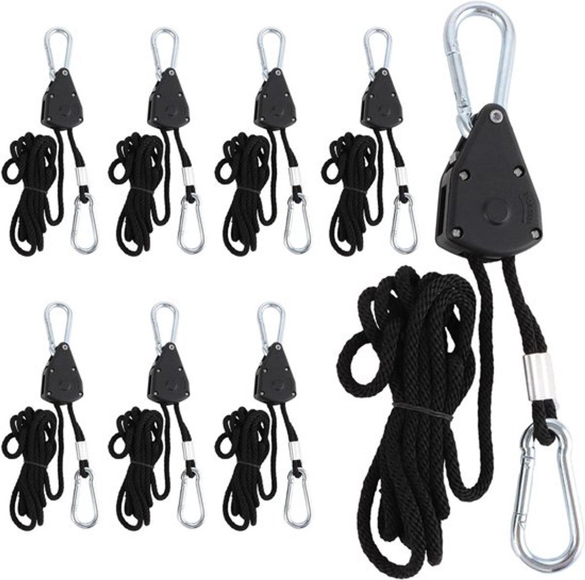 4 stuks ratelhangers met verstelbare touwhaken - 2 meter lengte - voorzien van ratel - ideaal voor kabels van 1/8 inch - handige kabelbevestiging met ratelmechanisme