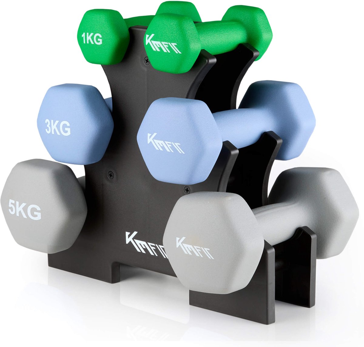 KM-Fit halterset 19 kg | Neopreen dumbbells 1–5 kg met standaard | Home Gym