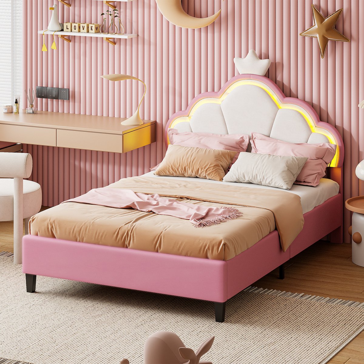 Solvenrik 140x200 Prinsessenbed met LED – Fluwelen Bed met Wolken Hoofdbord en Kroon, Verstelbaar Hoofdbord – Roze