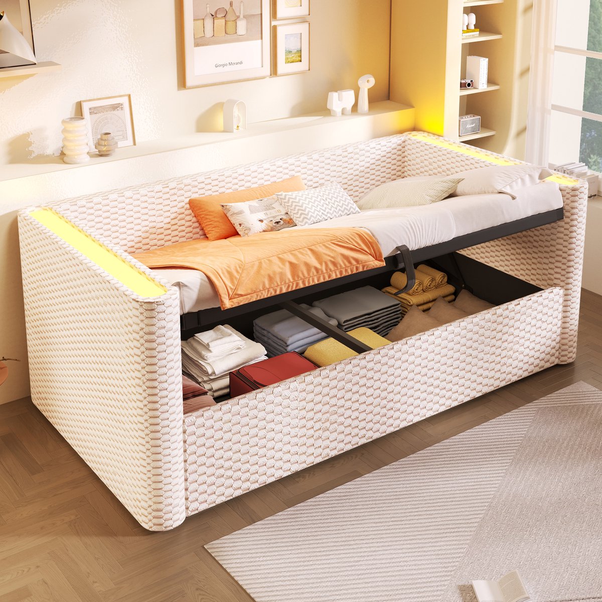 MODFU Bedframe 90x200 cm – beige fluweel – met hydraulische opbergruimte en meerkleurige LED